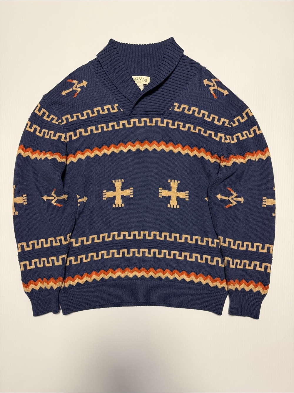 Orvis Navy V-Neck Shawl Sweater with Tan and Orange Geometric Pattern